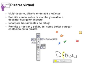 Pizarra virtual

   Multi-usuario, pizarra orientada a objetos
   Permite anotar sobre la marcha y resaltar o
    descatar cualquier aspecto
   Incorpora herramientas de dibujo
   Permite arrastrar y soltar, así como cortar y pegar
    contenido en la pizarra
 