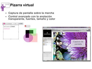 Pizarra virtual

   Captura de pantalla sobre la marcha
   Control avanzado con la anotación
    transparente, fuentes, tamaño y color




                                            Captura de
                                             pantalla
 