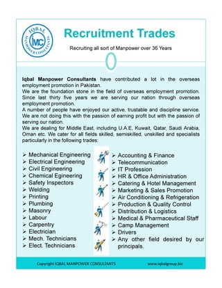 Recruitment Trades
Recruiting all sort of Manpower over 36 Years
Iqbal Manpower Consultants have contributed a lot in the overseas
employment promotion in Pakistan.
We are the foundation stone in the field of overseas employment promotion.
Since last thirty five years we are serving our nation through overseas
employment promotion.
A number of people have enjoyed our active, trustable and discipline service.
We are not doing this with the passion of earning profit but with the passion of
serving our nation.
We are dealing for Middle East, including U.A.E, Kuwait, Qatar, Saudi Arabia,
Oman etc. We cater for all fields skilled, semiskilled, unskilled and specialists
particularly in the following trades:
Copyright IQBAL MANPOWER CONSULTANTS www.iqbalgroup.biz
Mechanical Engineering
Electrical Engineering
Civil Engineering
Chemical Egineering
Safety Inspectors
Welding
Printing
Plumbing
Masonry
Labour
Carpentry
Electrician
Mech. Technicians
Elect. Technicians
Accounting & Finance
Telecommunication
IT Profession
HR & Office Administration
Catering & Hotel Management
Marketing & Sales Promotion
Air Conditioning & Refrigeration
Production & Quality Control
Distribution & Logistics
Medical & Pharmaceutical Staff
Camp Management
Drivers
Any other field desired by our
principals.
 