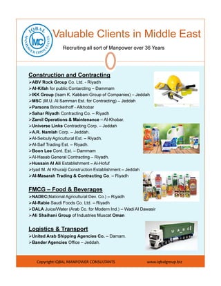 Valuable Clients in Middle East
Recruiting all sort of Manpower over 36 Years
Construction and Contracting
ABV Rock Group Co. Ltd. - Riyadh
Al-Kifah for public Contarcting – Dammam
IKK Group (Isam K. Kabbani Group of Companies) – Jeddah
MSC (M.U. Al Samman Est. for Contracting) – Jeddah
Parsons Brinckerhoff - Alkhobar
Sahar Riyadh Contracting Co. – Riyadh
Zamil Operations & Maintenance – Al-Khobar.
Universe Links Contracting Corp. – Jeddah
A.R. Namlah Corp. – Jeddah.
Al-Selouly Agricultural Est. – Riyadh.
Al-Saif Trading Est. – Riyadh.
Copyright IQBAL MANPOWER CONSULTANTS www.iqbalgroup.biz
Al-Saif Trading Est. – Riyadh.
Boon Lee Cont. Est. – Dammam
Al-Hasab General Contracting – Riyadh.
Hussain Al Ali Establishment – Al-Hofuf
Iyad M. Al Khuraiji Construction Establishment – Jeddah
Al-Masarah Trading & Contracting Co. – Riyadh
FMCG – Food & Beverages
NADEC(National Agricultural Dev. Co.) – Riyadh
Al-Rabie Saudi Foods Co. Ltd. – Riyadh
DALA Juice/Water (Arab Co. for Modern Ind.) – Wadi Al Dawasir
Ali Shaihani Group of Industries Muscat Oman
Logistics & Transport
United Arab Shipping Agencies Co. – Damam.
Bander Agencies Office – Jeddah.
 