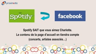 Spotify SAIT que vous aimez Charlotte.
             Le contenu de la page d’accueil en tiendra compte
                      (concerts, artistes associés…)


30/11/2011                                                       14
 