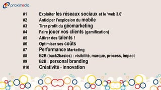 #1    Exploiter les réseaux sociaux et le ‘web 3.0’
#2    Anticiper l’explosion du mobile
#3    Tirer profit du géomarketing
#4    Faire jouer vos clients (gamification)
#5    Attirer des talents !
#6    Optimiser ses coûts
#7    Performance Marketing
#8    B2B (back2basics) : visibilité, marque, process, impact
#9    B2B : personal branding
#10   Créativité - innovation
 