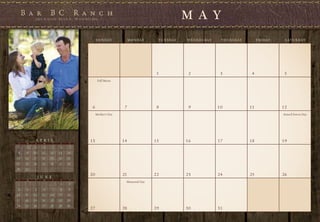 M A Y
                                            S U N DAY           M O N DAY    T U E S DAY   W E D N E S DAY    T H U R S DAY        F R I DAY    S AT U R DAY




                                                                             1              2                 3                4                5
                                             Full Moon




                                        6                   7                8              9                10               11               12
                                            Mother’s Day                                                                                       Armed Forces Day




           A P R I L                   13                  14               15             16                17               18               19
 S   M     T      W      T    F    S

 1    2    3      4      5   6     7
 8    9   10     11   12     13   14
15   16   17     18   19     20   21
22   23   24     25   26     27   28
29   30
                                       20                  21               22             23                24               25               26
               J U N E
 S   M     T      W      T    F    S
                                                            Memorial Day
                             1     2
 3    4    5      6      7   8     9
10   11   12     13   14     15   16
17   18   19     20   21     22   23
24   25   26     27   28     29   30
                                       27                  28               29             30                31
 