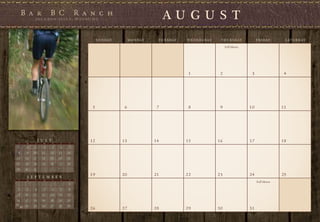 AU GU S T
                                             S U N DAY        M O N DAY    T U E S DAY   W E D N E S DAY    T H U R S DAY        F R I DAY    S AT U R DAY

                                                                                                                Full Moon




                                                                                          1                 2                3                4




                                         5                6                7              8                 9               10               11




                J U L Y                 12               13               14             15                16               17               18
 S    M     T      W      T    F    S

 1     2    3      4      5    6   7
 8     9   10     11   12     13   14
15    16   17     18   19     20   21
22    23   24     25   26     27   28
29    30   31
                                        19               20               21             22                23               24               25
       S E P T E M B E R
 S    M     T      W      T    F    S
                                                                                                                                 Full Moon
                                   1
 2     3    4      5      6    7   8
 9    10   11     12   13     14   15
 16   17   18     19   20     21   22
23
   30 24   25     26   27     28   29
                                        26               27               28             29                30               31
 