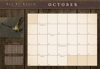 O C T O B E R
                                         S U N DAY        M O N DAY    T U E S DAY     W E D N E S DAY       T H U R S DAY        F R I DAY    S AT U R DAY




                                                      1                2                3                    4                5                6
                                                      Columbus Day




                                     7                8                9               10                   11               12               13
                                                                           Boss’ Day




       S E P T E M B E R            14               15               16               17                   18               19               20
 S    M     T   W     T    F    S

                               1                                                       United Nations Day
 2     3    4    5    6    7   8
 9    10   11   12   13   14   15
 16   17   18   19   20   21   22
23
   30 24   25   26   27   28   29
                                    21               22               23               24                   25               26               27
       N O V E M B E R
 S    M     T   W     T    F    S
                                                          Full Moon                         Halloween
                      1    2   3
 4     5    6    7    8    9   10
11    12   13   14   15   16   17
18    19   20   21   22   23   24
25    26   27   28   29   30
                                    28               29               30               31
 