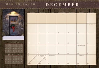 D E C E M B E R
                                            S U N DAY        M O N DAY             T U E S DAY     W E D N E S DAY    T H U R S DAY        F R I DAY         S AT U R DAY




                                                                                                                                                             1
                                                                                                                                                                 Hanukkah




                                        2                3                         4                5                 6                7                     8




       N O V E M B E R                  9               10                        11               12                13               14                    15
 S    M     T   W     T     F      S

                      1     2     3                                                                                                   First Day of Winter
 4     5    6    7    8     9     10
11    12   13   14   15    16     17
18    19   20   21   22    23     24
25    26   27   28   29    30
                                       16               17                        18               19                20               21                    22
 S
     J A N U A R Y
      M     T   W     T
                          2 013
                            F      S

            1    2    3     4     5    23               24   Christmas             Christmas Day                                           Full Moon
                                                               Eve
 6     7    8    9   10    11     12                                     New
                                                                         Year’s
13    14   15   16   17    18     19                                      Eve
20    21   22   23   24    25     26
27    28   29   30   31
                                        30               31                       25               26                27               28                    29
 