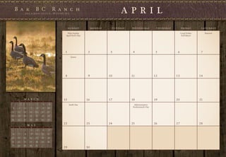 A P R I L
                                           S U N DAY           M O N DAY    T U E S DAY   W E D N E S DAY       T H U R S DAY        F R I DAY      S AT U R DAY

                                        Palm Sunday                                                                                  Good Friday        Passover
                                       April Fool’s Day                                                                               Full Moon




                                       1                   2                3              4                    5                6                  7
                                             Easter




                                       8                   9               10             11                   12               13                 14




          M A R C H                   15                  16               17             18                   19               20                 21
 S   M     T     W      T    F    S

                        1    2   3         Earth Day                                       Administrative
 4    5    6     7      8    9   10                                                       Professional’s Day

11   12   13    14     15   16   17
18   19   20    21     22   23   24
25   26   27    28     29   30   31
                                      22                  23               24             25                   26               27                 28
               M A Y
 S   M     T     W      T    F    S

           1     2      3    4   5
 6    7    8     9     10   11   12
13   14   15    16     17   18   19
20   21   22    23     24   25   26
27   28   29    30     31
                                      29                  30
 