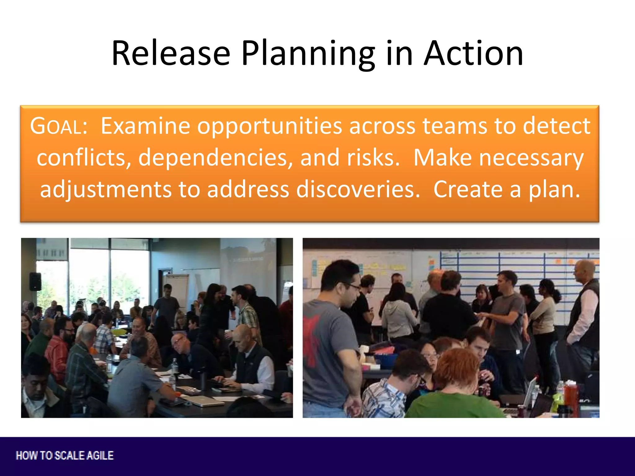 Release Planning in Action
GOAL: Examine opportunities across teams to detect
conflicts, dependencies, and risks. Make necessary
adjustments to address discoveries. Create a plan.

 