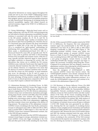 Scientifica 3
collected by laboratories in various regions throughout the
world and sent to one of five WHO Collaborating Centres
for Reference and Research on Influenza (WHO CC) where
their antigenic, genetic, and antiviral susceptibility properties
are fully characterized. Monitoring of circulating strains for
antiviral susceptibility, together with related research on
antiviral resistance, began in the WHO CC in Melbourne in
the early 2000s.
2.2. Testing Methodologies. Molecular-based assays such as
Sanger sequencing, real-time RT-PCR, and pyrosequencing
are well suited to monitor adamantane susceptibility, because
resistance is associated with only five amino acid residues
in the M2 protein (residues 26, 27, 30, 31, and 34). In
contrast, a considerably larger number of mutations have
been shown to alter NAI susceptibility [27]. Therefore, the use
of a functional assay that measures the drug concentration
required to inhibit 50% of the viral NA enzyme activity
(IC50) is considered the “gold-standard” methodology for
determining NAI susceptibility. Two similar enzyme inhi-
bition assays, a chemiluminescent-based (CL) [28] or a
fluorescent-based (FL) assay [29], are typically used. The FL
assay is less costly to perform and better at discriminating
between NAI susceptible and resistant viruses, while the CL
assay typically provides improved signal to noise linearity
and higher sensitivity in measuring NA activity [30]. For
laboratories that choose not to establish the NA enzyme
inhibition assay, molecular-based assays that target the most
commonly detected mutations that alter NAI susceptibility
can be utilized. However, it is important to be aware that
the absence of common resistance mutations does not indi-
cate that the viruses are NAI-sensitive, as novel mutations
may occur. An alternative to the FL and CL assays is a
bioluminescence-based NA inhibition assay (QFlu) that has
the main advantage of being sensitive enough to detect low
levels of virus in clinical specimens compared to the FL and
CL assay which require a cultured viral isolate [31].
2.3. Adamantane Resistance in Circulating Viruses. In 2003,
adamantane-resistant A(H3N2) viruses first began circulat-
ing in South Korea, Taiwan, Hong Kong, and China at fre-
quencies ranging from 15 to 74% [32]. However, adamantane-
resistant viruses were not detected in Australasia and neigh-
boring Asian-Pacific countries until 2005, when 42% (43/102)
of A(H3N2) isolates were resistant [33] (Figure 1). Such
findings were concerning as many countries, including Aus-
tralia, prescribed very little if any adamantanes, suggesting
that these resistant viruses were spreading in the absence of
drug pressure. The proportion of the adamantane-resistant
A(H3N2) viruses circulating in the Asia-Pacific continued to
increase in subsequent years (59% in 2006 and 78% in 2007)
until it reached 100% in 2008 (Figure 1). Since that time all
A(H3N2) viruses have remained adamantane-resistant, due
to the S31N M2 gene mutation.
Remarkably, at the same time that A(H3N2) adamantane-
resistant viruses began to emerge, adamantane-resistant sea-
sonal A(H1N1) viruses also began circulating in the USA
[34] and other parts of the world, including the Asia-Pacific
2004
2004
2005
2005
2006
2006
2007
2007
2008
2008
2009
2009
2009
2010
2010
2011
2011
2012
2012
2013
2013
0
10
20
30
40
50
60
70
80
90
100
Seasonal A(H1N1) A(H3N2) A(H1N1)pdm09
Proportionofadamantane-
resistantviruses(%)
Virusesdidnotcirculate
Virusesdidnotcirculate
priorto2009
after2009
Figure 1: Frequency of adamantane-resistant viruses circulating in
the Asia-Pacific.
[35, 36]. Of the seasonal A(H1N1) samples tested at the WHO
CC in Melbourne, the frequency that were adamantane-
resistant (again due predominantly to the S31N M2 gene
substitution) rose from 3% in 2005 to 38% in 2007, before
dropping considerably in 2008 and 2009 (Figure 1). The
adamantane-resistant A(H1N1) viruses were within two
genetically distinct groups of seasonal A(H1N1) viruses
known as Clade 2A and 2C (Hong-Kong-like lineage) that
were circulating between 2005 and 2008. However, in 2008,
a new group of antigenic variants (known as Clade 2B
[A/Brisbane/59/2007-like lineage]) emerged and began to
replace the previously circulating Hong-Kong-like viruses.
Compared to its predecessor, this new antigenic variant was
adamantane-sensitive, thus reducing the overall frequency of
adamantane-resistant A(H1N1) viruses (Figure 1).
Since the emergence of A(H1N1)pdm09 in 2009,
the seasonal A(H1N1) viruses have become extinct. The
A(H1N1)pdm09 pandemic virus already contained the M2
gene from Eurasian swine-lineage viruses which had the
S31N substitution that confers adamantane-resistance. As a
result, the A(H1N1)pdm09 viruses were, and continue to be,
resistant to the adamantanes (Figure 1) [37].
2.4. NAI Resistance in Human Influenza Viruses (Pre-2009
Pandemic). In addition to the antiviral susceptibility test-
ing within the WHO GISRS, the Neuraminidase Inhibitor
Susceptibility Network coordinated testing of circulating
influenza viruses for NAI sensitivity before and after market
release of the NAIs. Of the viruses circulating during the
three years preceding the introduction of the NAIs (1996 to
1999), none was found to be resistant [38], while analysis of
viruses postmarket release (1999 to 2002) found only a very
low frequency of resistant viruses across all types or subtypes
(<0.5%) [39]. Similar data were generated by our labora-
tory, showing that the vast majority of circulating human
influenza viruses sampled around Australasia and Southeast
Asia between 1998 and 2002 were sensitive to both oseltamivir
and zanamivir [40]. Between the time of NAI market release
and 2007, the situation remained much the same, with the
detection of a very low (<1%) frequency of NAI-resistant
viruses circulating in the community. Of the NAI-resistant
viruses detected, the majority were oseltamivir-resistant, with
very few showing any increase in zanamivir IC50. However,
 