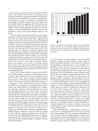 4 Scientifica
a small number of zanamivir-resistant seasonal A(H1N1)
viruses with a Q136K NA mutation were detected by our
laboratory and shown to have approximately 300-fold and 70-
fold reduction in susceptibility to zanamivir and peramivir,
respectively, but no loss of oseltamivir susceptibility [41].
Interestingly, the Q136K variants could not be detected in
the original specimens, suggesting that the mutation arose
during cell culture [41]. However, the zanamivir-resistant
Q136K variants showed equivalent infectivity and transmis-
sibility in a ferret model [41] and therefore may have the
potential to emerge and spread amongst humans in the
future.
In our laboratory between 2001 and 2005, we detected two
oseltamivir-resistant viruses from otherwise healthy children
who were not being treated with NAIs, suggesting that
either the viruses were contracted from patients undergoing
treatment or that the mutations had arisen in the absence of
treatment. The first was an influenza B virus that contained a
previously unreported NA mutation (D197E) [42–44], while
the other was a seasonal A(H1N1) virus with an H275Y NA
mutation that was resistant to oseltamivir (approximately
900-fold higher IC50 compared to a sensitive wild-type virus)
but retained sensitivity to zanamivir [45]. Other studies had
also detected the H275Y-variant A(H1N1) virus in patients
undergoing oseltamivir treatment [46, 47] and in untreated
patients from the community [39], demonstrating the poten-
tial for this variant to arise under oseltamivir selective
pressure and transmit. In vitro and in vivo studies showed
that, in some cases, the seasonal A(H1N1) H275Y variants
had compromised growth [47], while other studies showed in
ferrets that replication and transmission of the H275Y variant
were possible [48, 49].
In late 2007, seasonal A(H1N1) viruses with the H275Y
NA mutation began to circulate at an increasing frequency
in Europe [50]. Compared to the normal frequency of the
H275Y variant (<1%), many European countries detected
the mutation in >20% of their circulating seasonal A(H1N1)
viruses, with France and Norway detecting resistance at
a frequency of >40% (231/496 (47%) and 184/272 (68%),
resp.) [50]. It was particularly concerning that these resistant
viruses were being detected in individuals not undergo-
ing oseltamivir treatment, demonstrating that the viruses
were spreading efficiently in a manner similar to that seen
with adamantane-resistant viruses. The viruses continued to
spread to the USA [51] and then to the Southern Hemisphere
from May 2008 onwards [52, 53]. The H275Y-resistant viruses
not only spread rapidly but also outcompeted the older
oseltamivir-sensitive seasonal A(H1N1) viruses, so that, by
the end of the 2008 Southern Hemisphere influenza season
virtually all seasonal A(H1N1) viruses received at the WHO
CC in Melbourne were oseltamivir-resistant [52]. This was
therefore a transition from virtually no resistance to a
frequency of >99% oseltamivir resistance in approximately 12
months (Figure 2). However, just as the world was coming
to terms with the ongoing circulation of an oseltamivir-
resistant virus, the A(H1N1)pdm09 pandemic virus emerged,
outcompeting the oseltamivir-resistant seasonal A(H1N1)
virus from circulation and providing a “beneficial” outcome
of the 2009 pandemic.
0
10
20
30
40
50
60
70
80
90
100
Jan. Feb. Mar. Apr. May Jun. Jul. Aug. Sep. Oct. Nov. Dec.
2008
H275
Y275
Proportionofoseltamivir-resistantseasonal
A(H1N1)virusesdetectedin2008(%)
13 15 13 4 10 35 73 57 49 35 18 13
Figure 2: Proportion of oseltamivir-resistant seasonal A(H1N1)
variants detected in the Asia-Pacific region during 2008. H275:
oseltamivir-sensitive viruses and Y275: oseltamivir-resistant viruses.
The number of viruses tested from each month is indicated at the top
of each bar.
2.5. NAI Resistance in Human Influenza Viruses (Post-2009
Pandemic). During the 2009 pandemic, large volumes of
NAIs, particularly oseltamivir, were used for the treatment
and prophylaxis of patients prior to the availability of a
pandemic vaccine [54]. Due to the earlier experience of
the emergence and spread of oseltamivir-resistant seasonal
A(H1N1) viruses with an H275Y NA mutation, there was
great concern that A(H1N1)pdm09 viruses could also rapidly
acquire this same mutation and spread, particularly in the
face of increased NAI use. During the first year of the
pandemic, global surveillance data generated within the
WHO GISRS showed that the frequency of NAI resistance
in >27,000 A(H1N1)pdm09 viruses was encouragingly low
(≈1%) [11]. From the data derived by our laboratory following
analysis of >2,900 A(H1N1)pdm09 viruses from the Asia-
Pacific region, we showed a similarly low frequency (0.8
to 1.1%) of NAI resistance [55]. However, of the resis-
tant viruses that were detected, virtually all contained the
same H275Y NA mutation that was present in the previ-
ous oseltamivir-resistant seasonal A(H1N1) virus [11, 55].
Although unlike the seasonal A(H1N1) H275Y variants, the
majority of A(H1N1)pdm09 H275Y variants were isolated
from immunocompromised patients undergoing oseltamivir
treatment for prolonged periods [55–58]. Nevertheless, it
remained important to continue to monitor viruses from
untreated patients in the community to determine if resistant
viruses were spreading.
While there had been a small number of reports of
transmission of A(H1N1)pdm09 H275Y variants in closed,
near-contact settings [59], such as hospital wards [60, 61], it
was not until 2011 that a widespread cluster of related cases
was observed in a community setting [62]. As a result of close
collaboration between epidemiologists, the local diagnostic
laboratory, and our WHO CC laboratory, we were able to
 