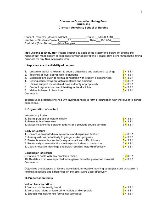 Classroom Observation Rating Form For Jessica Mitchell By Heide Templ