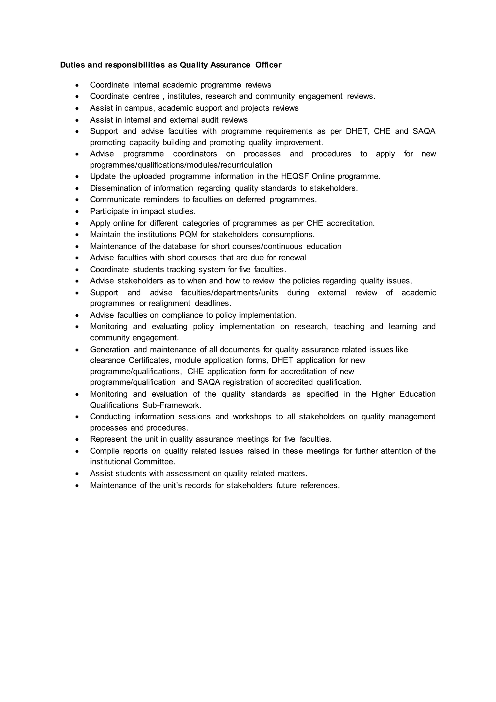 Duties and responsibilities as Quality Assurance Officer | DOCX