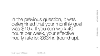 Brought to you by thefutur.com ©2018 Chris Do
BUSINESSBOOTCAMP				TWOTHOUSAND						18
In the previous question, it was
determined that your monthly goal
was $10k. If you can work 40
hours per week, your eﬀective
hourly rate is: $63/hr. (round up).
 