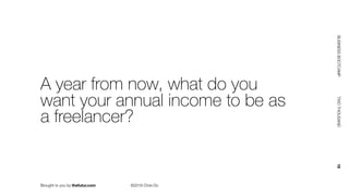 Brought to you by thefutur.com ©2018 Chris Do
BUSINESSBOOTCAMP				TWOTHOUSAND						18
A year from now, what do you
want your annual income to be as
a freelancer?
 