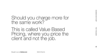 Brought to you by thefutur.com ©2018 Chris Do
BUSINESSBOOTCAMP				TWOTHOUSAND						18
Should you charge more for
the same work?
This is called Value Based
Pricing, where you price the
client and not the job.
 