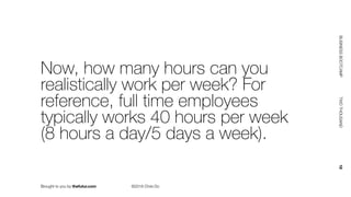 Brought to you by thefutur.com ©2018 Chris Do
BUSINESSBOOTCAMP				TWOTHOUSAND						18
Now, how many hours can you
realistically work per week? For
reference, full time employees
typically works 40 hours per week
(8 hours a day/5 days a week).
 