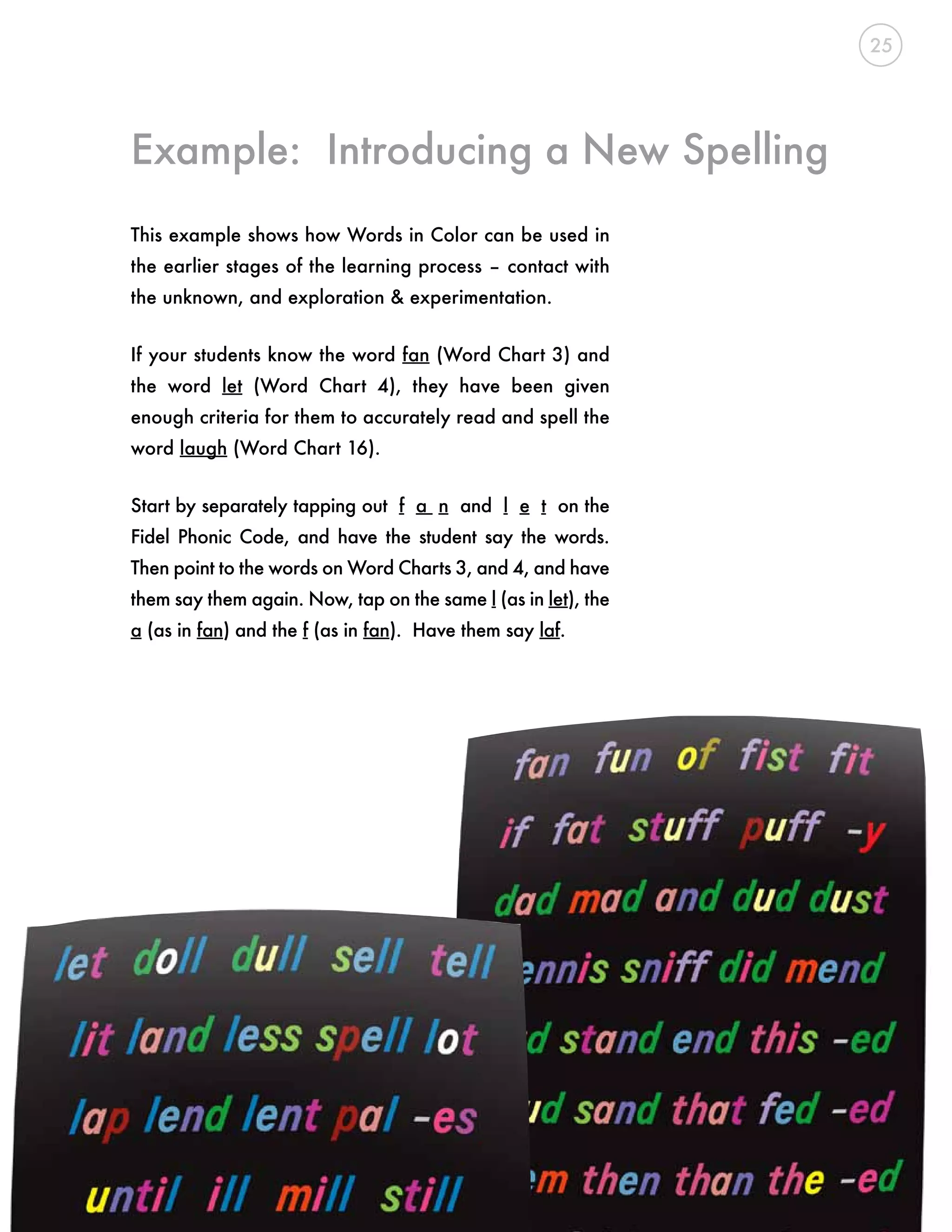 This example shows how Words in Color can be used in
the earlier stages of the learning process – contact with
the unknown, and exploration & experimentation.
If your students know the word fan (Word Chart 3) and
the word let (Word Chart 4), they have been given
enough criteria for them to accurately read and spell the
word laugh (Word Chart 16).
Start by separately tapping out f a n and l e t on the
Fidel Phonic Code, and have the student say the words.
Then point to the words on Word Charts 3, and 4, and have
them say them again. Now, tap on the same l (as in let), the
a (as in fan) and the f (as in fan). Have them say laf.
Example: Introducing a New Spelling
25
 
