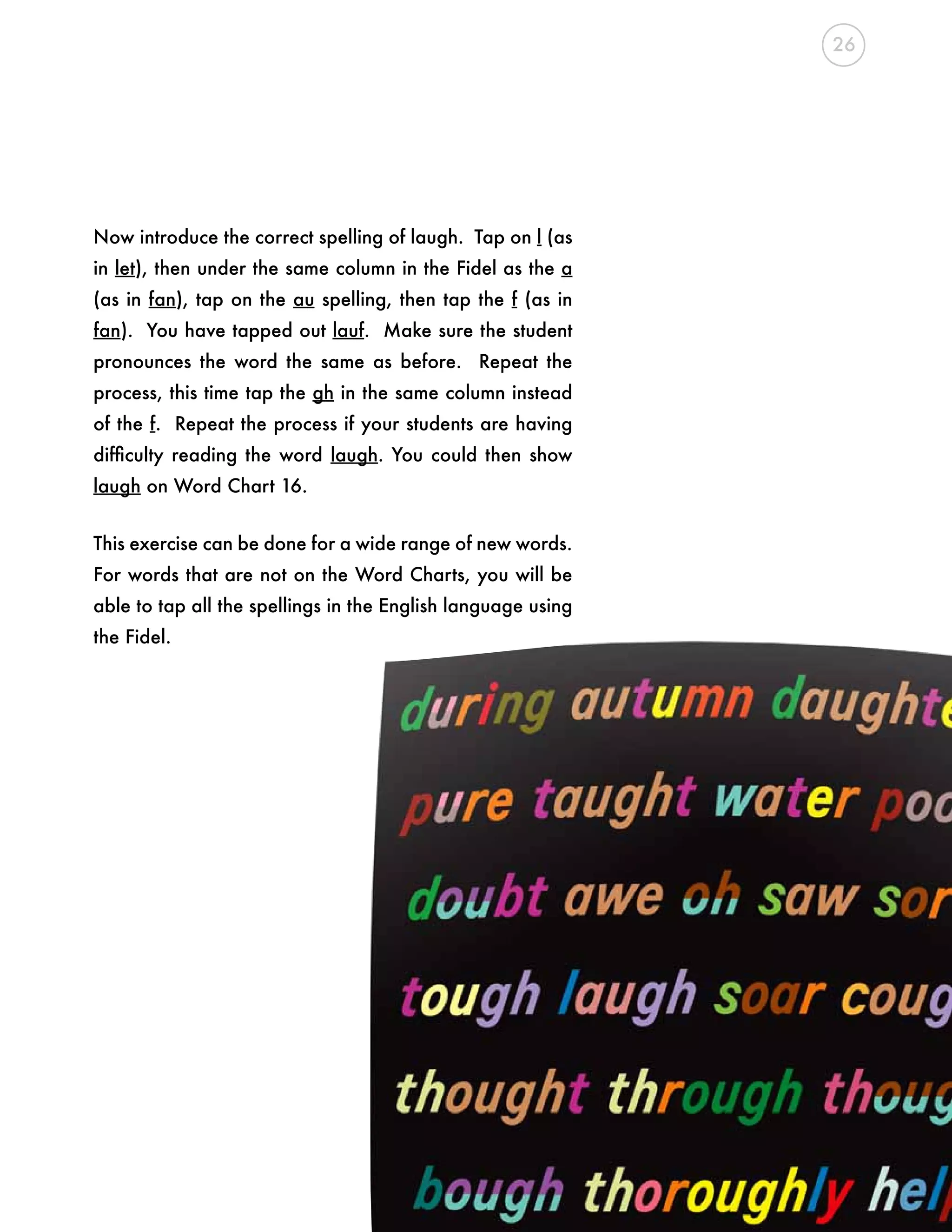 Now introduce the correct spelling of laugh. Tap on l (as
in let), then under the same column in the Fidel as the a
(as in fan), tap on the au spelling, then tap the f (as in
fan). You have tapped out lauf. Make sure the student
pronounces the word the same as before. Repeat the
process, this time tap the gh in the same column instead
of the f. Repeat the process if your students are having
difficulty reading the word laugh. You could then show
laugh on Word Chart 16.
This exercise can be done for a wide range of new words.
For words that are not on the Word Charts, you will be
able to tap all the spellings in the English language using
the Fidel.
26
 