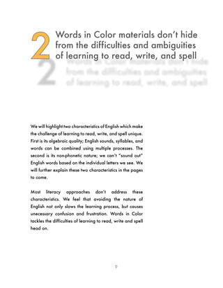 9
Words in Color materials don’t hide
from the difficulties and ambiguities
of learning to read, write, and spell2
We will highlight two characteristics of English which make
the challenge of learning to read, write, and spell unique.
First is its algebraic quality; English sounds, syllables, and
words can be combined using multiple processes. The
second is its non-phonetic nature; we can’t “sound out”
English words based on the individual letters we see. We
will further explain these two characteristics in the pages
to come.
Most literacy approaches don’t address these
characteristics. We feel that avoiding the nature of
English not only slows the learning process, but causes
unecessary confusion and frustration. Words in Color
tackles the difficulties of learning to read, write and spell
head on.
 