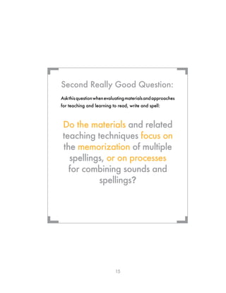 15
Askthisquestionwhenevaluatingmaterialsandapproaches
for teaching and learning to read, write and spell:
Do the materials and related
teaching techniques focus on
the memorization of multiple
spellings, or on processes
for combining sounds and
spellings?
Second Really Good Question:
¬ ¬
¬¬
 