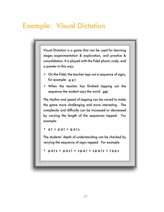 27
Visual Dictation is a game that can be used for learning
stages experimentation & exploration, and practice &
consolidation. It is played with the Fidel phonic code, and
a pointer in this way:
•	 On the Fidel, the teacher taps out a sequence of signs,
for example: p a t
•	 When the teacher has finished tapping out the
sequence the student says the word: pat
The rhythm and speed of tapping can be varied to make
the game more challenging and more interesting. The
complexity and difficulty can be increased or decreased
by varying the length of the sequences tapped. For
example:
•	 a t » p a t » p a t s
The students’ depth of understanding can be checked by
varying the sequence of signs tapped. For example:
•	 p a t s » p a s t » s p a t » s p a t s » t a p s
Example: Visual Dictation
 