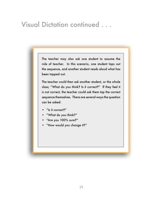 29
The teacher may also ask one student to assume the
role of teacher. In this scenario, one student taps out
the sequence, and another student reads aloud what has
been tapped out.
The teacher could then ask another student, or the whole
class; “What do you think? Is it correct?” If they feel it
is not correct, the teacher could ask them tap the correct
sequence themselves. There are several ways the question
can be asked:
•	 “Is it correct?”
•	 “What do you think?”
•	 “Are you 100% sure?”
•	 “How would you change it?”
Visual Dictation continued . . .
 