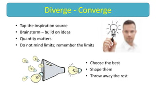 • Tap the inspiration source
• Brainstorm – build on ideas
• Quantity matters
• Do not mind limits; remember the limits
• Choose the best
• Shape them
• Throw away the rest
Diverge - Converge
 