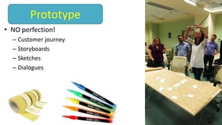 • NO perfection!
– Customer journey
– Storyboards
– Sketches
– Dialogues
Prototype
 