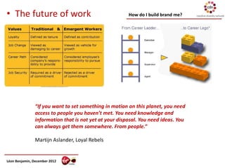 • The future of work                                    How do I build brand me?




                “If you want to set something in motion on this planet, you need
                access to people you haven’t met. You need knowledge and
                information that is not yet at your disposal. You need ideas. You
                can always get them somewhere. From people.”

                Martijn Aslander, Loyal Rebels


Léon Benjamin, December 2012
 