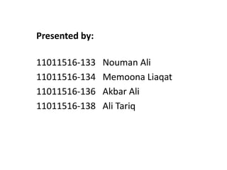 Presented by:
11011516-133 Nouman Ali
11011516-134 Memoona Liaqat
11011516-136 Akbar Ali
11011516-138 Ali Tariq
 