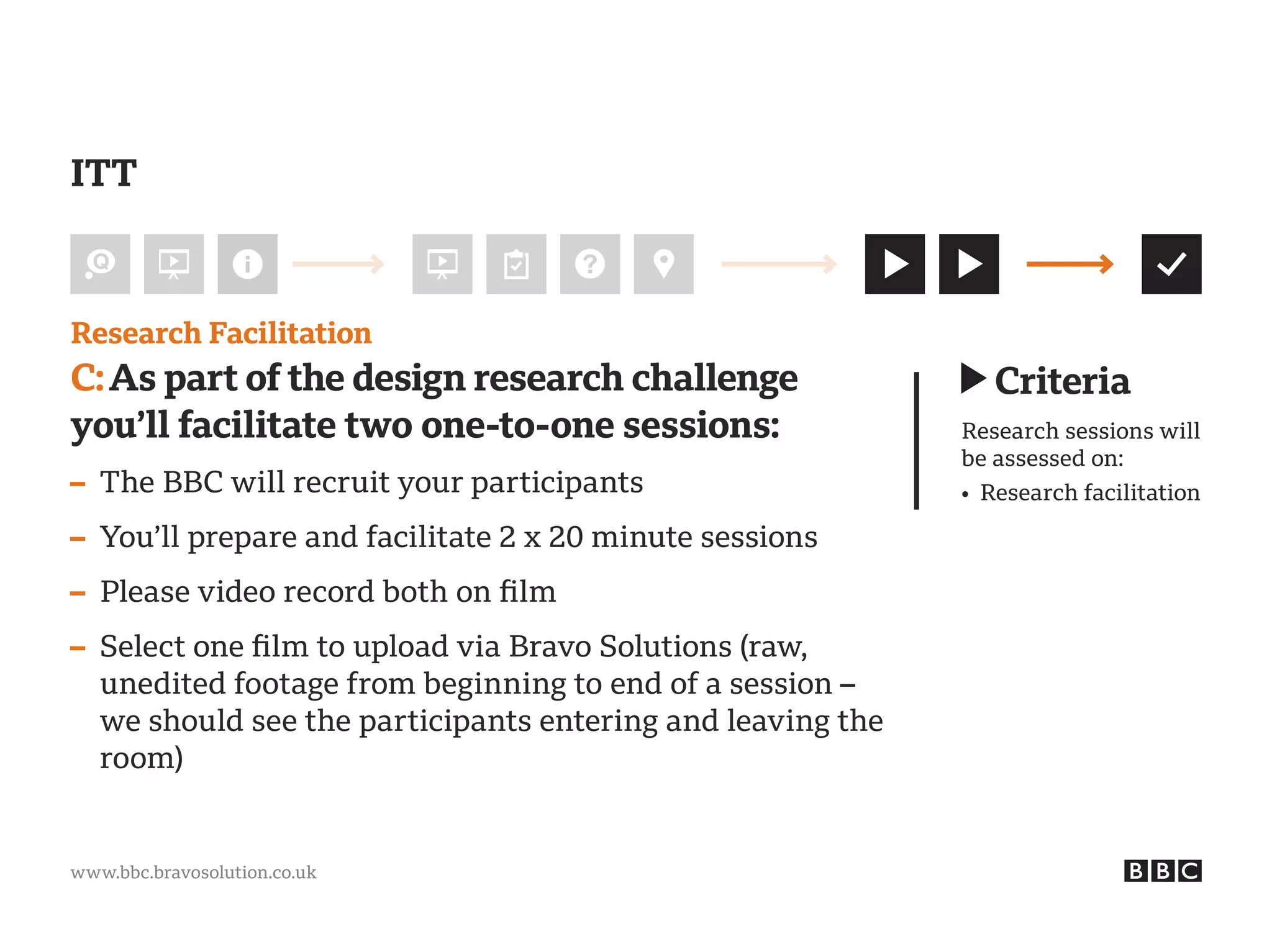 www.bbc.bravosolution.co.uk
Research Facilitation
C:As part of the design research challenge
you’ll facilitate two one-to-one sessions:
– The BBC will recruit your participants
– You’ll prepare and facilitate 2 x 20 minute sessions
– Please video record both on film
– Select one film to upload via Bravo Solutions (raw,
unedited footage from beginning to end of a session –
we should see the participants entering and leaving the
room)
Criteria
Research sessions will
be assessed on:
• Research facilitation
ITTITT
 