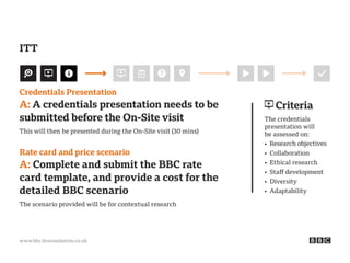 www.bbc.bravosolution.co.uk
Credentials Presentation
A: A credentials presentation needs to be
submitted before the On-Site visit
This will then be presented during the On-Site visit (30 mins)
Rate card and price scenario
A: Complete and submit the BBC rate
card template, and provide a cost for the
detailed BBC scenario
The scenario provided will be for contextual research
Criteria
The credentials
presentation will
be assessed on:
• Research objectives
• Collaboration
• Ethical research
• Staff development
• Diversity
• Adaptability
ITT
 