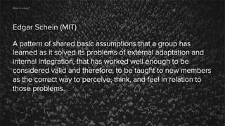 What is culture?

Edgar Schein (MIT)
A pattern of shared basic assumptions that a group has
learned as it solved its probl...