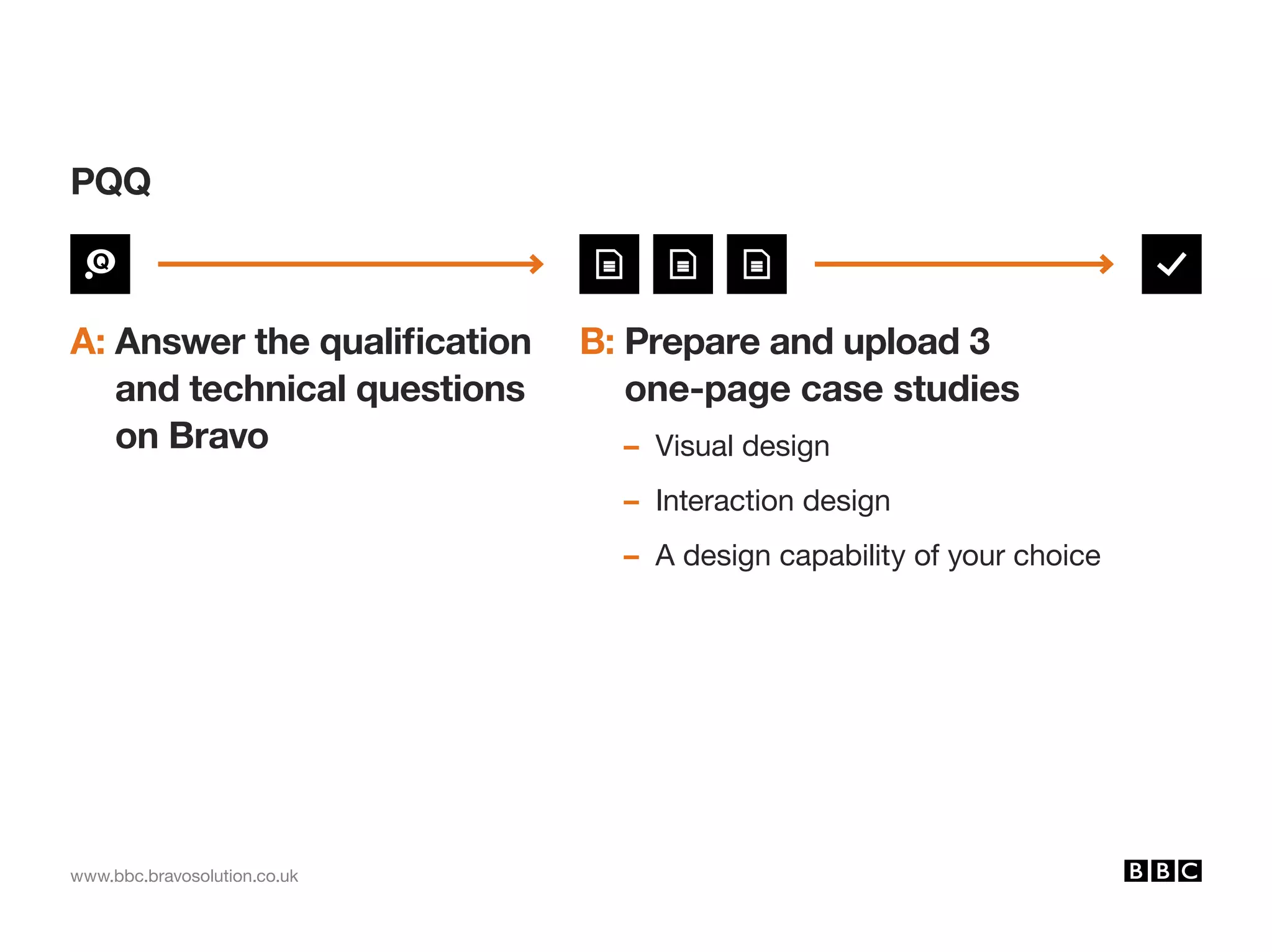 www.bbc.bravosolution.co.uk
B: Prepare and upload 3
one-page case studies
	 – Visual design
	 – Interaction design
	 – A design capability of your choice
PQQ
A: Answer the qualification
and technical questions
on Bravo
 
