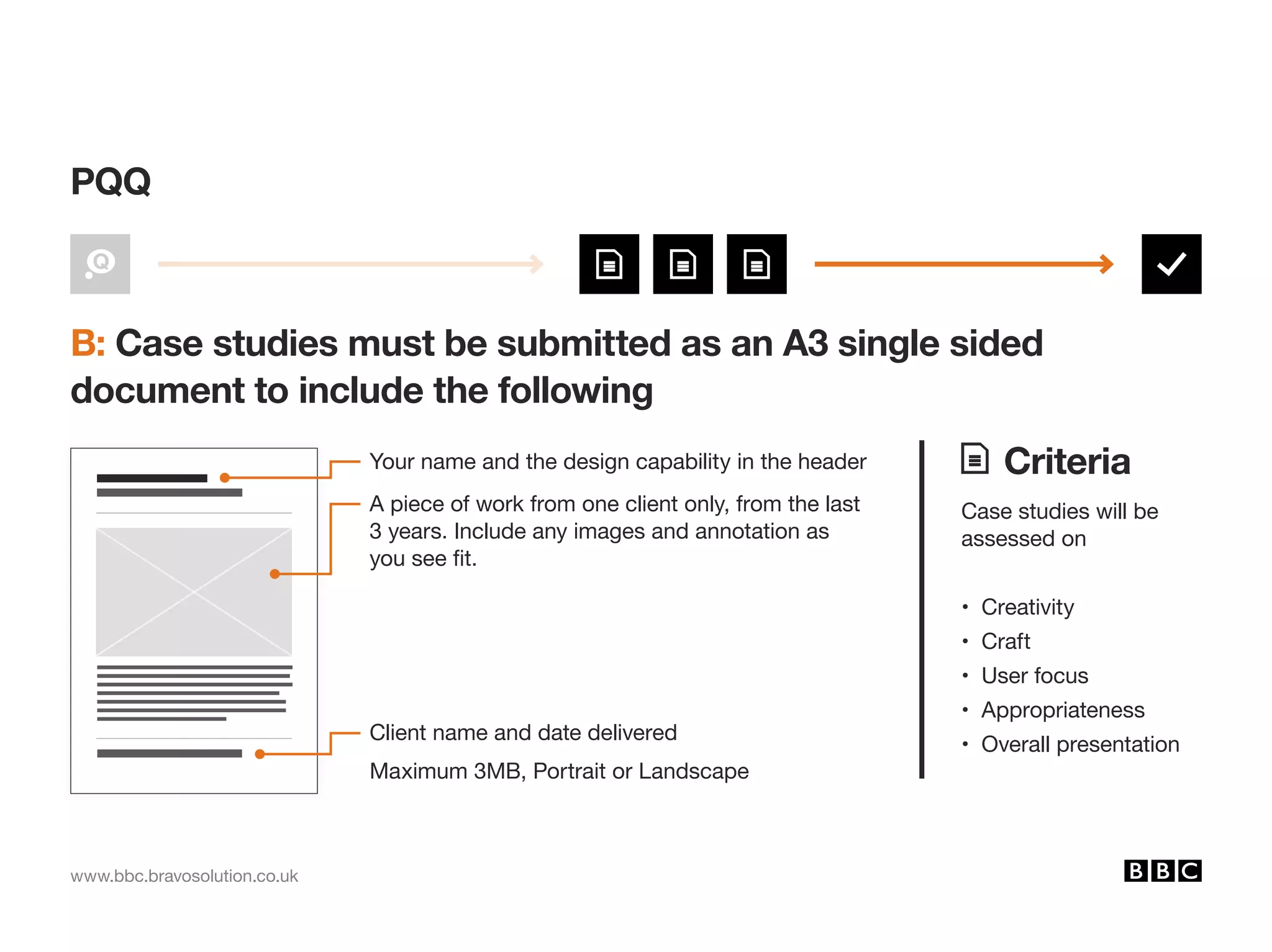 www.bbc.bravosolution.co.uk
Criteria
Case studies will be
assessed on
• Creativity
• Craft
• User focus
• Appropriateness
• Overall presentation
B: Case studies must be submitted as an A3 single sided
document to include the following
PQQ
Your name and the design capability in the header
Maximum 3MB, Portrait or Landscape
Client name and date delivered
A piece of work from one client only, from the last
3 years. Include any images and annotation as
you see fit.
 