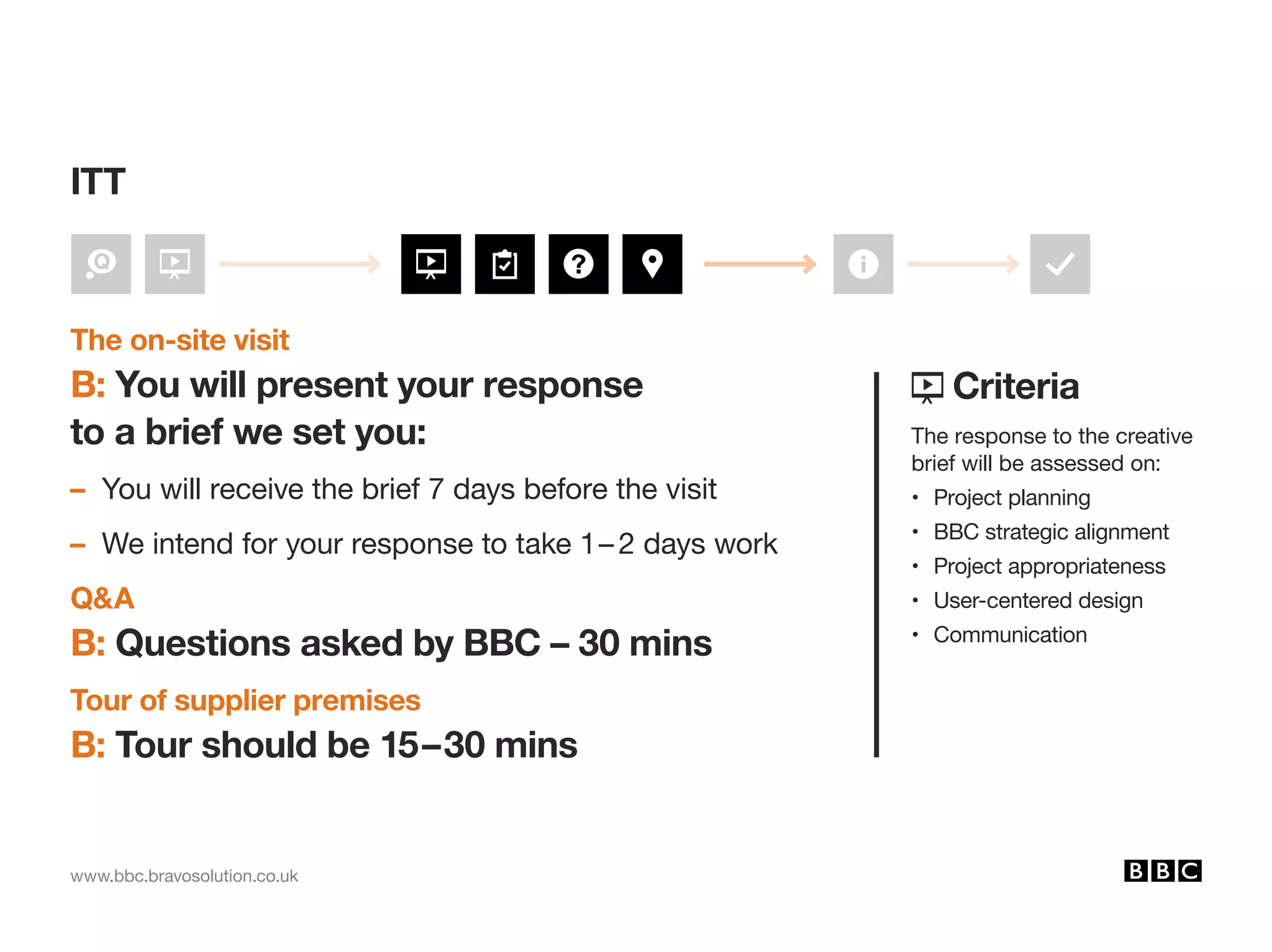 www.bbc.bravosolution.co.uk
The on-site visit
B: You will present your response
to a brief we set you:
– You will receive the brief 7 days before the visit
– We intend for your response to take 1– 2 days work
QA
B: Questions asked by BBC – 30 mins
Tour of supplier premises
B: Tour should be 15–30 mins
ITT
Criteria
The response to the creative
brief will be assessed on:
•	 Project planning
•	 BBC strategic alignment
•	 Project appropriateness
•	 User-centered design
•	 Communication
 