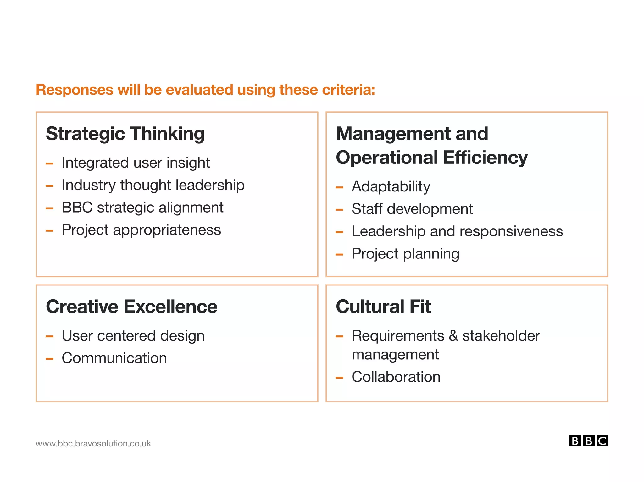 www.bbc.bravosolution.co.uk
Strategic Thinking
– Integrated user insight
– Industry thought leadership
– BBC strategic alignment
– Project appropriateness
Management and
Operational Efficiency
– Adaptability
– Staff development
– Leadership and responsiveness
– Project planning
Cultural Fit
– Requirements  stakeholder
management
– Collaboration
Creative Excellence
– User centered design
– Communication
Responses will be evaluated using these criteria:
 