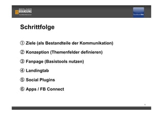 Schrittfolge

   Ziele (als Bestandteile der Kommunikation)

   Konzeption (Themenfelder definieren)

   Fanpage (Basistools nutzen)

   Landingtab

   Social Plugins

   Apps / FB Connect


                                                9
 