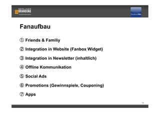 Fanaufbau

   Friends & Familiy

   Integration in Website (Fanbox Widget)

   Integration in Newsletter (inhaltlich)

   Offline Kommunikation

   Social Ads

   Promotions (Gewinnspiele, Couponing)

   Apps
                                            10
 