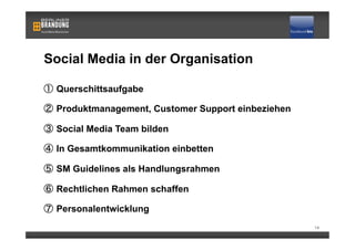 Social Media in der Organisation

   Querschittsaufgabe

   Produktmanagement, Customer Support einbeziehen

   Social Media Team bilden

   In Gesamtkommunikation einbetten

   SM Guidelines als Handlungsrahmen

   Rechtlichen Rahmen schaffen

   Personalentwicklung
                                                     14
 