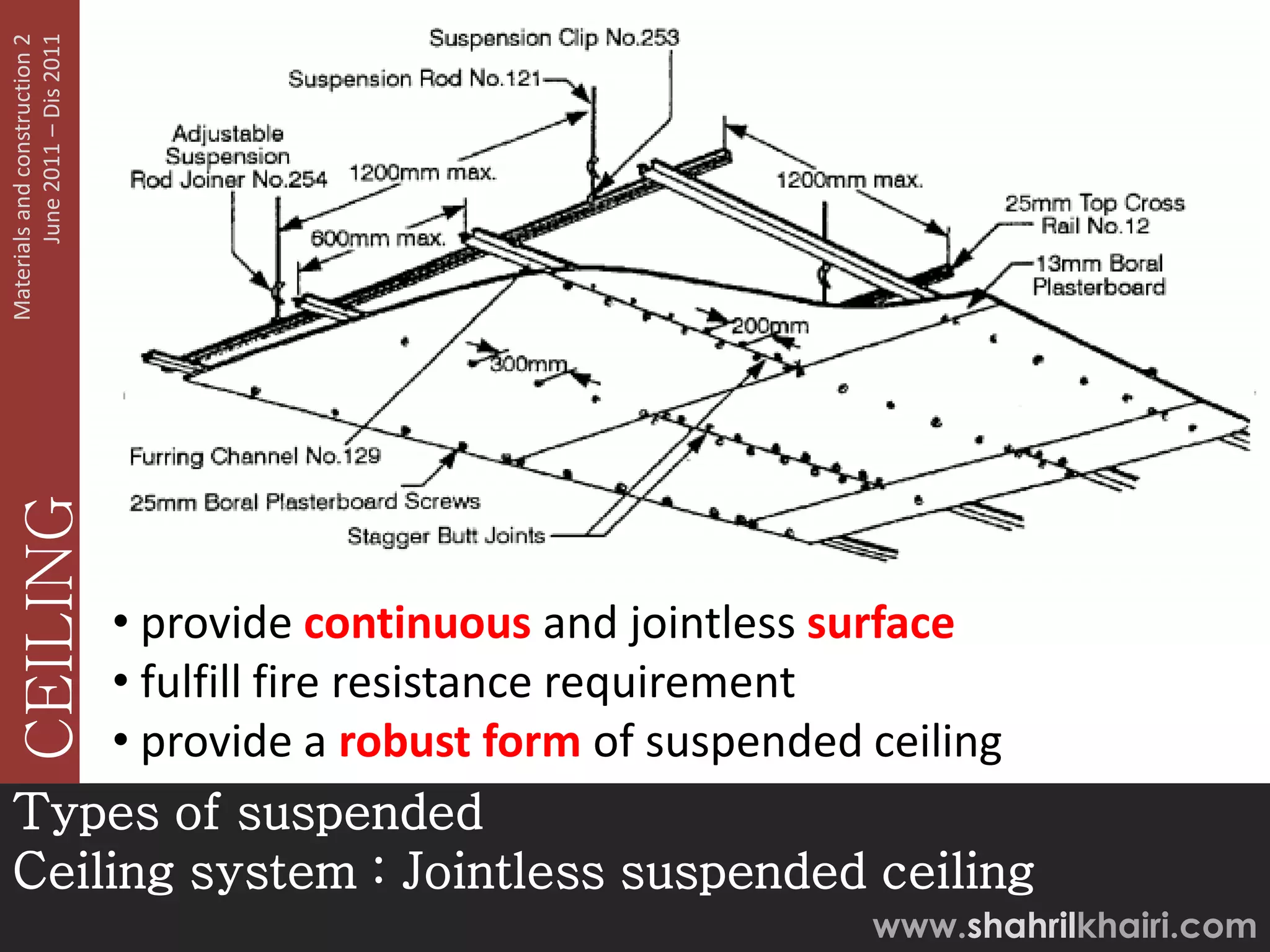 June 2011 – Dis 2011
Materials and construction 2
   CEILING




     • provide continuous and jointless surface
     • fulfill fire resistance requirement
     • provide a robust form of suspended ceiling
Types of suspended
Ceiling system : Jointless suspended ceiling
                                         www.shahrilkhairi.com
 