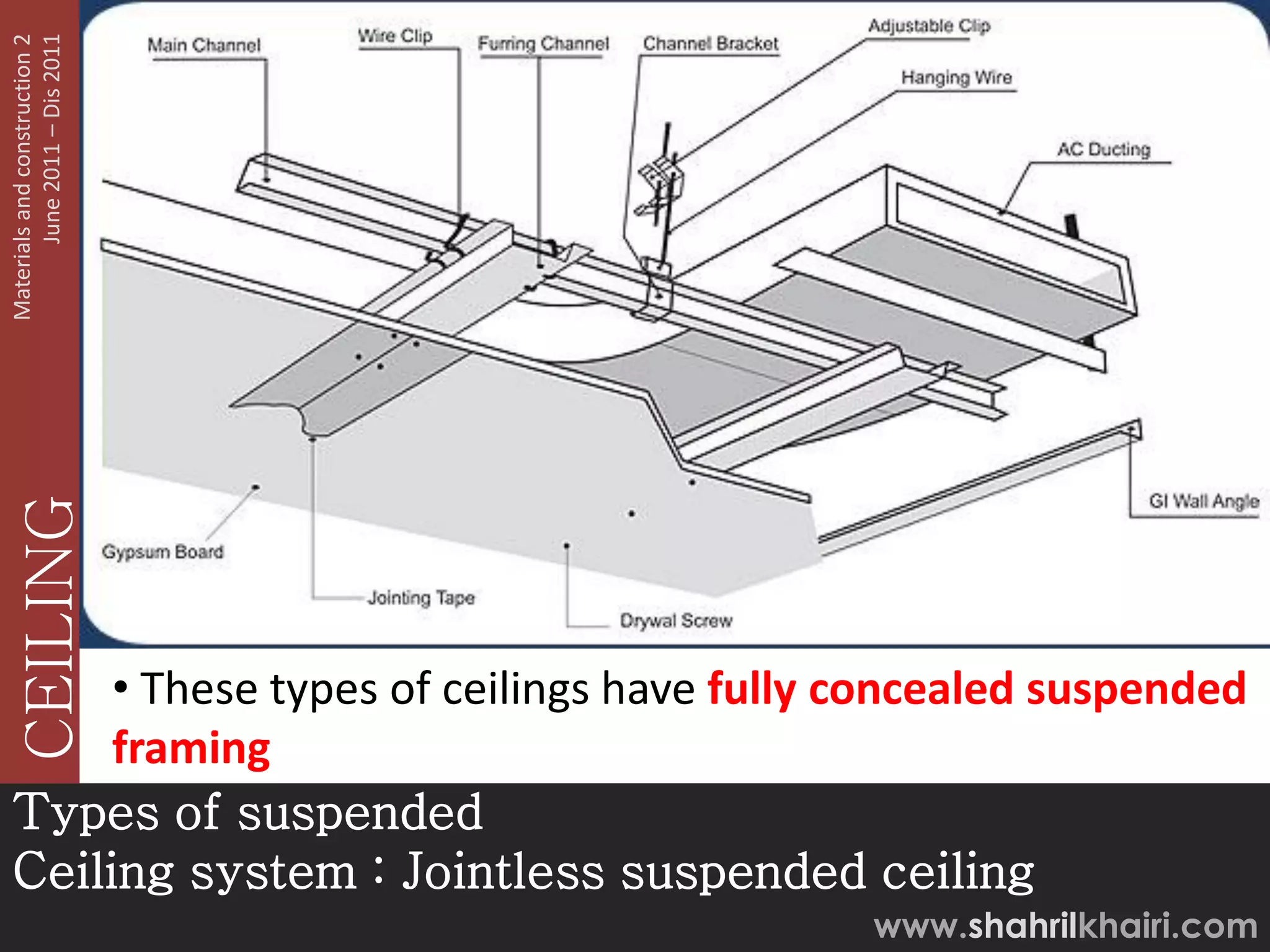 June 2011 – Dis 2011
Materials and construction 2
   CEILING




     • These types of ceilings have fully concealed suspended
     framing
Types of suspended
Ceiling system : Jointless suspended ceiling
                                          www.shahrilkhairi.com
 
