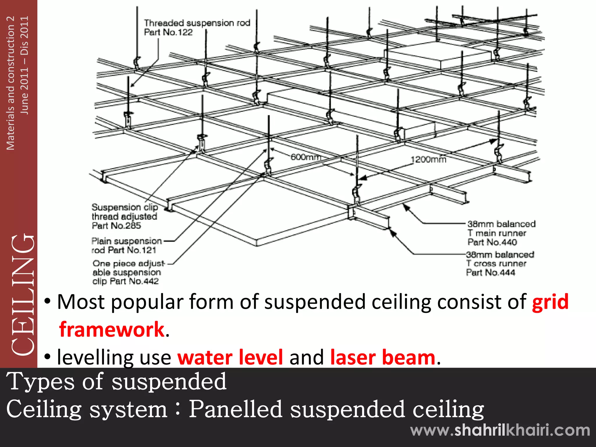 June 2011 – Dis 2011
Materials and construction 2
   CEILING




   • Most popular form of suspended ceiling consist of grid
     framework.
   • levelling use water level and laser beam.
Types of suspended
Ceiling system : Panelled suspended ceiling
                                          www.shahrilkhairi.com
 