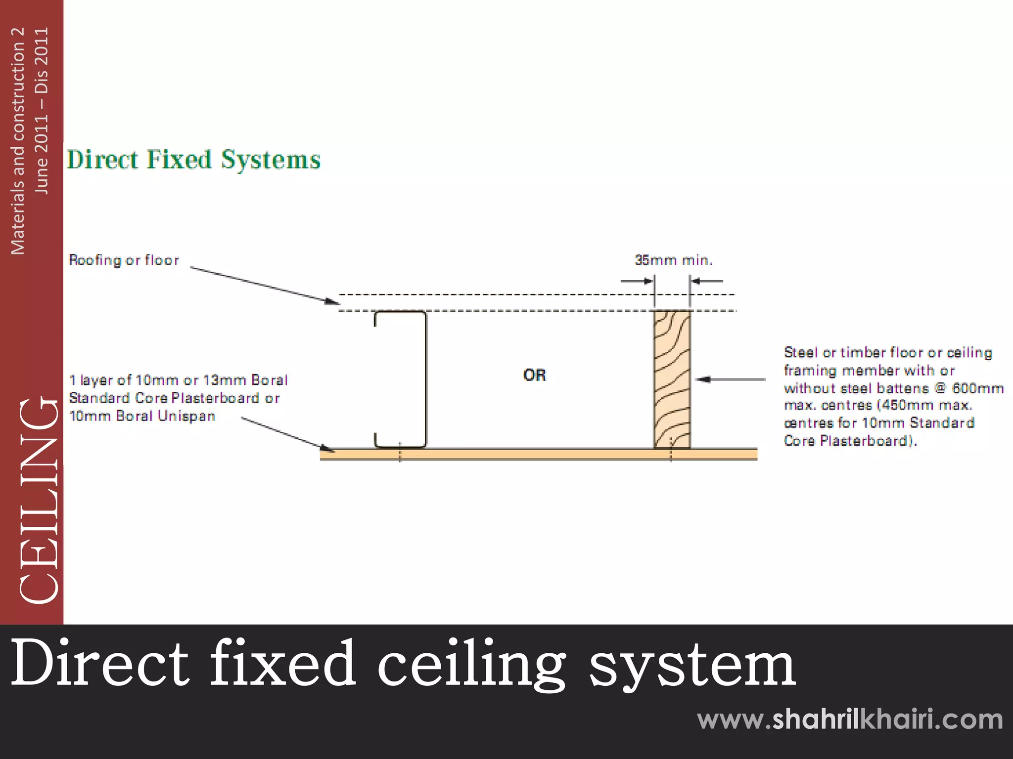 Materials and construction 2
                                                                       June 2011 – Dis 2011
                                                      CEILING




                        Direct fixed ceiling system
www.shahrilkhairi.com
 