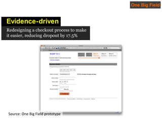 One Big Field<br />Evidence-driven<br />Redesigning a checkout process to make it easier, reducing dropout by 17.5%<br />S...