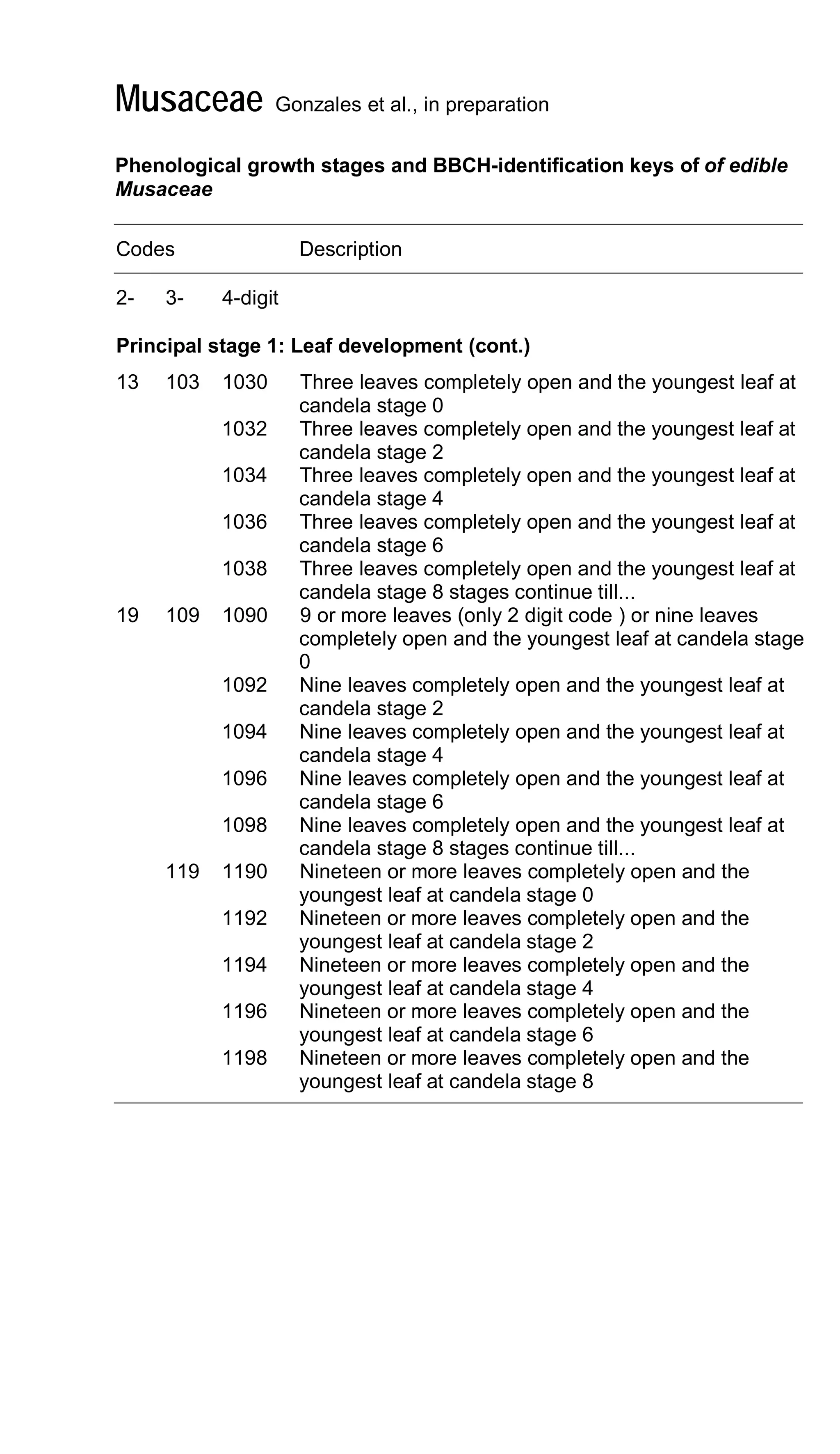 Musaceae Gonzales et al., in preparation
Phenological growth stages and BBCH-identification keys of of edible
Musaceae
Codes Description
2- 3- 4-digit
Principal stage 1: Leaf development (cont.)
13 103 1030 Three leaves completely open and the youngest leaf at
candela stage 0
1032 Three leaves completely open and the youngest leaf at
candela stage 2
1034 Three leaves completely open and the youngest leaf at
candela stage 4
1036 Three leaves completely open and the youngest leaf at
candela stage 6
1038 Three leaves completely open and the youngest leaf at
candela stage 8 stages continue till...
19 109 1090 9 or more leaves (only 2 digit code ) or nine leaves
completely open and the youngest leaf at candela stage
0
1092 Nine leaves completely open and the youngest leaf at
candela stage 2
1094 Nine leaves completely open and the youngest leaf at
candela stage 4
1096 Nine leaves completely open and the youngest leaf at
candela stage 6
1098 Nine leaves completely open and the youngest leaf at
candela stage 8 stages continue till...
119 1190 Nineteen or more leaves completely open and the
youngest leaf at candela stage 0
1192 Nineteen or more leaves completely open and the
youngest leaf at candela stage 2
1194 Nineteen or more leaves completely open and the
youngest leaf at candela stage 4
1196 Nineteen or more leaves completely open and the
youngest leaf at candela stage 6
1198 Nineteen or more leaves completely open and the
youngest leaf at candela stage 8
 