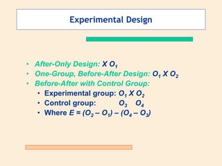 Experimental Design
• After-Only Design: X O1
• One-Group, Before-After Design: O1 X O2
• Before-After with Control Group:
• Experimental group: O1 X O2
• Control group: O3 O4
• Where E = (O2 – O1) – (O4 – O3)
 