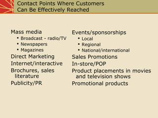 Contact Points Where Customers
Can Be Effectively Reached
Mass media
 Broadcast - radio/TV
 Newspapers
 Magazines
Direc...