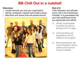 BB Chill Out in a nutshell
Outcomes:
▪ Loyalty towards you and your organization.
▪ Daring, energized, inspired and creative group.
▪ Memories and stories that will spread around.
Gist of it:
Total relaxation and ultimate
luxury with a bit of adventure
included. It is guaranteed that
your best performers know
you appreciate their efforts.
❏ Wholly customizable
incentive trip with an
itinerary for 5-14 days.
❏ Team Bonding and
Expeditions can be
added to the program.
❏ Best experiences, top
accommodation, theme
parties and luxurious
venues included.
 