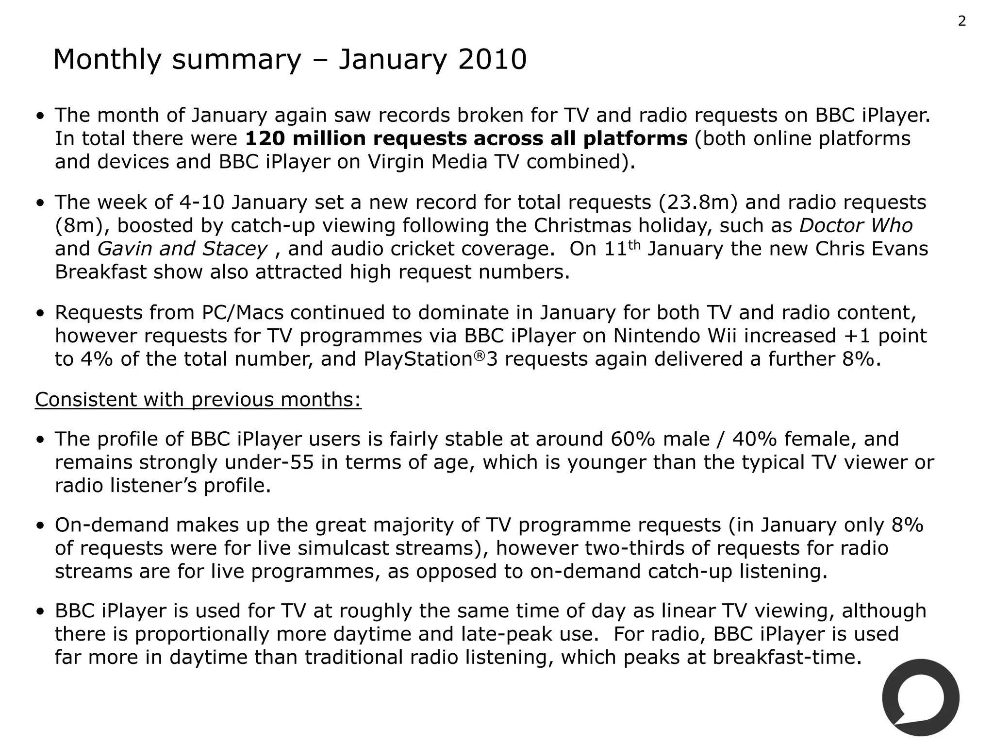 2


        Monthly summary – January 2010
     • The month of January again saw records broken for TV and radio requests on BBC iPlayer.  
       In total there were 120 million requests across all platforms (both online platforms 
       and devices and BBC iPlayer on Virgin Media TV combined).

     • The week of 4­10 January set a new record for total requests (23.8m) and radio requests 
       (8m), boosted by catch­up viewing following the Christmas holiday, such as Doctor Who 
       and Gavin and Stacey , and audio cricket coverage.  On 11th January the new Chris Evans 
       Breakfast show also attracted high request numbers.

     • Requests from PC/Macs continued to dominate in January for both TV and radio content, 
       however requests for TV programmes via BBC iPlayer on Nintendo Wii increased +1 point 
       to 4% of the total number, and PlayStation®3 requests again delivered a further 8%.

     Consistent with previous months:

     • The profile of BBC iPlayer users is fairly stable at around 60% male / 40% female, and 
       remains strongly under­55 in terms of age, which is younger than the typical TV viewer or 
       radio listener’s profile.

     • On­demand makes up the great majority of TV programme requests (in January only 8% 
       of requests were for live simulcast streams), however two­thirds of requests for radio 
       streams are for live programmes, as opposed to on­demand catch­up listening. 

     • BBC iPlayer is used for TV at roughly the same time of day as linear TV viewing, although 
       there is proportionally more daytime and late­peak use.  For radio, BBC iPlayer is used               
       far more in daytime than traditional radio listening, which peaks at breakfast­time.


Please refer to slide 4 for guide footnotes
 